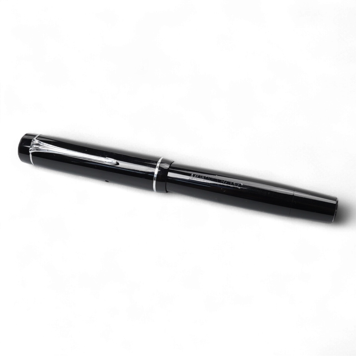 A Montblanc unusual fountain pen with steel nib and nickel trim, marked on 'Montblanc' on barrel, possible wartime model or student pen